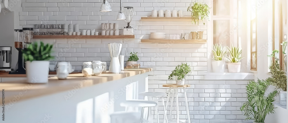 Fototapeta premium Bright cafe interior with white brick walls, wooden shelves, and potted plants