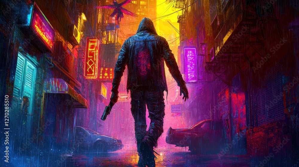Cyberpunk Rain: A lone figure walks through neon-drenched streets in the rain, carrying a gun, a futuristic dystopian city setting. Cyberpunk Rain: A lone figure walks through neon-drenched streets in the rain, carrying a gun, a futuristic dystopian city setting.