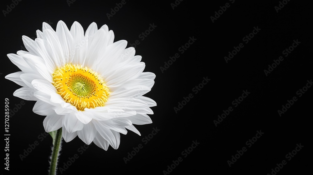 Obraz premium White daisy flower with a bright yellow center stands isolated against a solid black background.