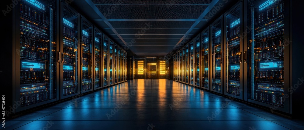 Fototapeta premium Illuminated Server Room: A Glimpse into the Digital Core