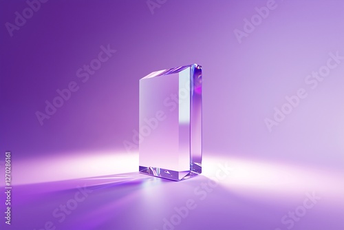 A single large glass prism on a purple background, with light refraction and reflections