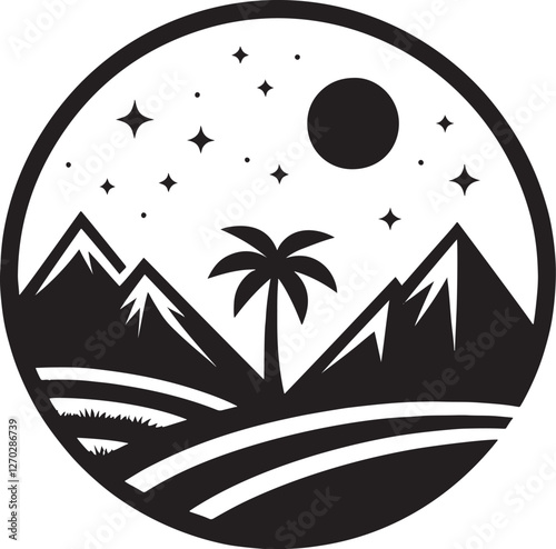 Night landscape with palm tree and mountains.