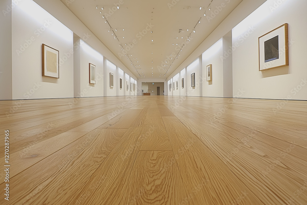 Obraz premium Long hallway featuring wooden floor and white walls with natural light streaming through windows