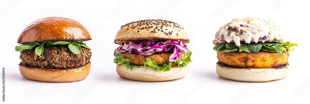 Discover the Ultimate Gourmet Vegetarian Burgers: A Photorealistic Top-View Showcase of Lentil, Quinoa, and Jackfruit Patties with Fresh Ingredients on a Clean White Background Discover the Ultimate Gourmet Vegetarian Burgers: A Photorealistic Top-View Showcase of Lentil, Quinoa, and Jackfruit Patties with Fresh Ingredients on a Clean White Background