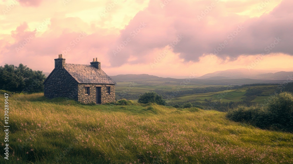Fototapeta premium Stone Cottage Sunset Landscape Hilltop View