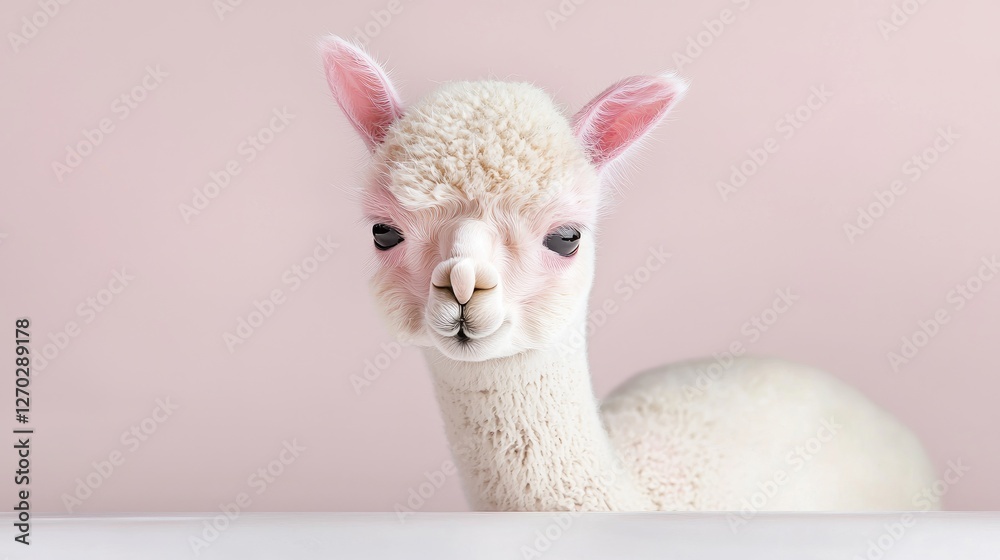 Fototapeta premium Cute Alpaca Portrait Against Pastel Pink Background