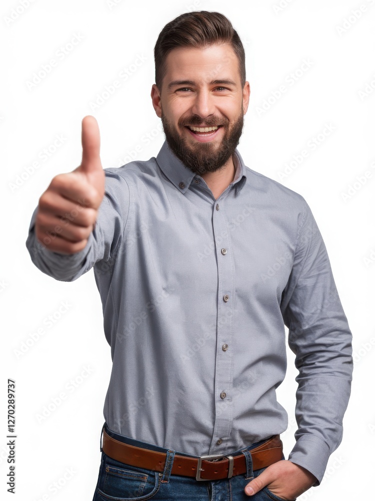 Naklejka premium Cheerful Man with Beard Giving Thumbs Up in Casual Gray Shirt
