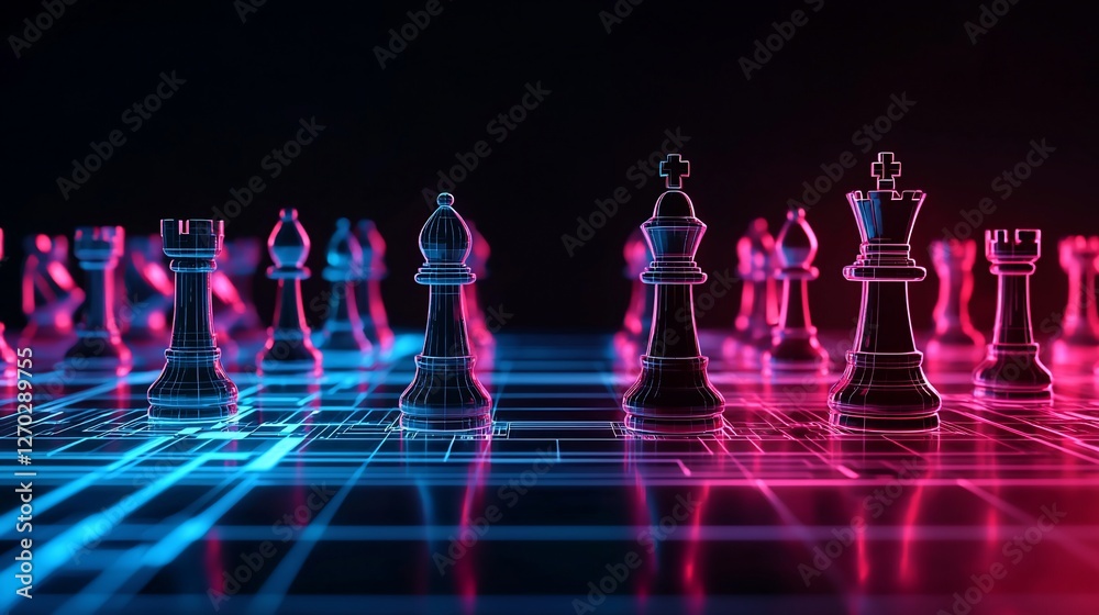 Futuristic chessboard with glowing pieces.
