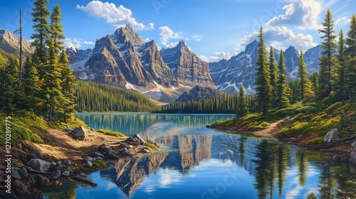 Serene mountain lake reflects sky and towering peaks pristine nature scene beauty