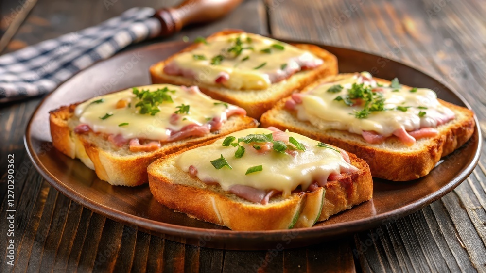 Toasted bread topped with ham, cheese and b?chamel sauce melting on a plate, appetizer or snack, golden brown color Toasted bread topped with ham, cheese and b?chamel sauce melting on a plate, appetizer or snack, golden brown color