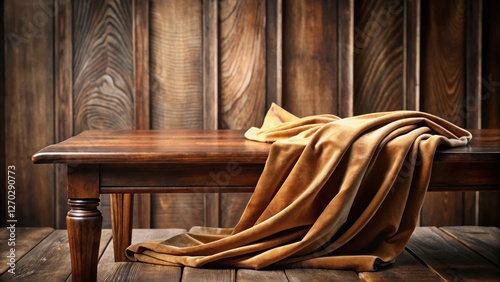 Soft velvety fabric swagging gently on a wooden table, wooden furniture photo