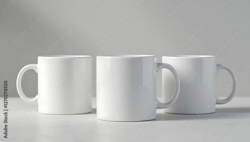 Three White Mugs Standing Side by Side on Light Surface