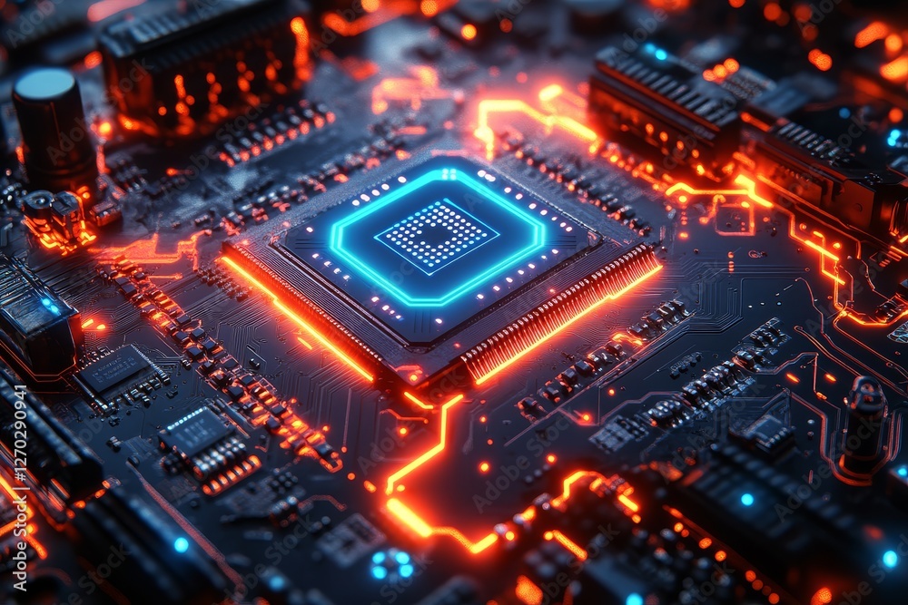 Central Chip on Futuristic Circuit Board with Blue Neon Lines and Dark Tones, Highlighting Cyberpunk Tech Aesthetic Central Chip on Futuristic Circuit Board with Blue Neon Lines and Dark Tones, Highlighting Cyberpunk Tech Aesthetic