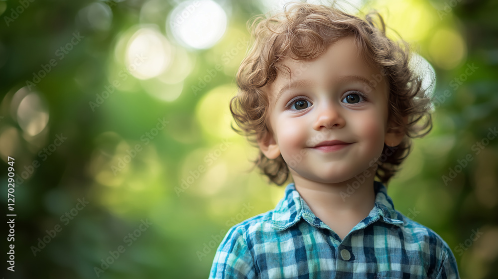 Cute Kid Standing in the Forest with a Head - and - Shoulders Portrait, Soft Natural Light Filtering Through the Trees and a Blurred Green Background Cute Kid Standing in the Forest with a Head - and - Shoulders Portrait, Soft Natural Light Filtering Through the Trees and a Blurred Green Background