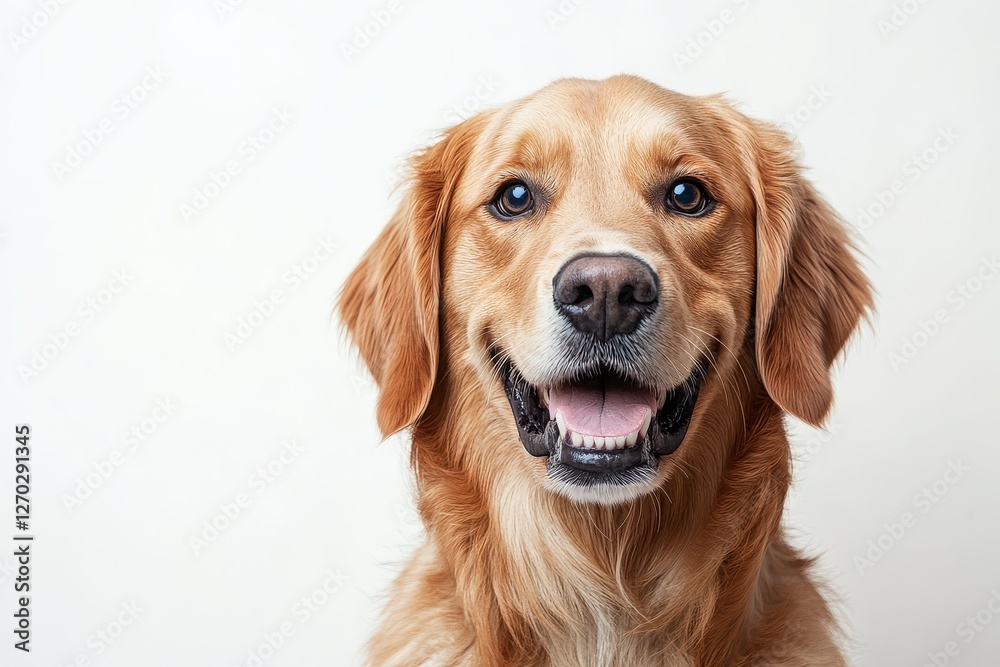 Happy Golden Retriever Sitting and Looking at Camera on White Background Happy Golden Retriever Sitting and Looking at Camera on White Background
