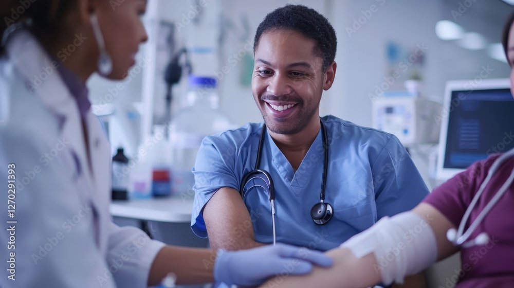 Smiling healthcare professional interacting with patient in a medical clinic environment, showcasing compassionate care and teamwork in a clinical setting Smiling healthcare professional interacting with patient in a medical clinic environment, showcasing compassionate care and teamwork in a clinical setting