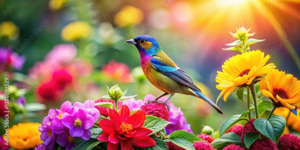 Obraz premium A colorful bird perched on a blooming flower in a vibrant garden with lush greenery and warm sunlight, surrounded by various flowers and foliage, nature, sunlight