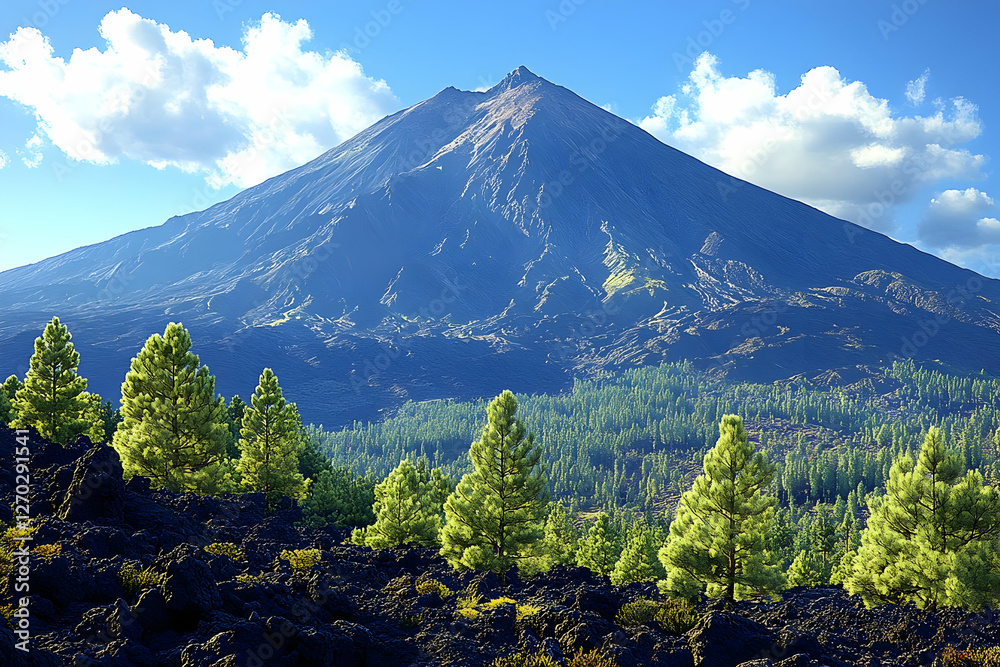 Fototapeta premium Volcanic Mountain Peak With Pine Trees
