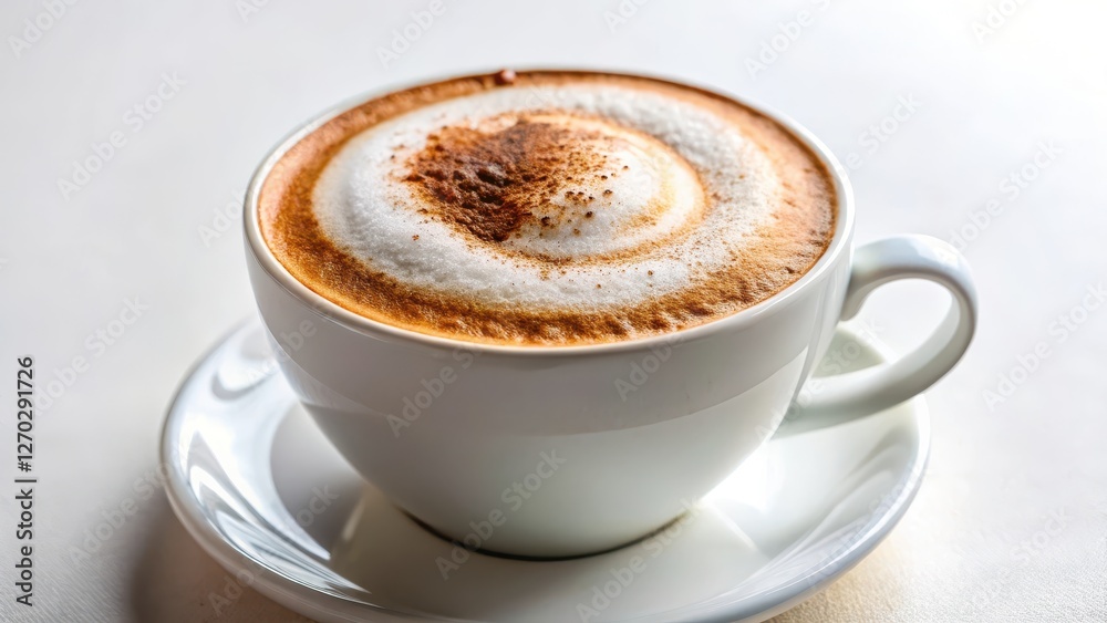 A close-up shot of a perfectly crafted cappuccino with a layer of foam and a sprinkle of cinnamon on top, set against a simple white background, cinnamon, food styling A close-up shot of a perfectly crafted cappuccino with a layer of foam and a sprinkle of cinnamon on top, set against a simple white background, cinnamon, food styling