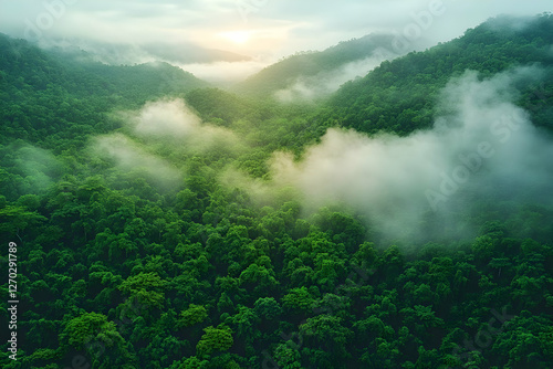 Dense Lush Forest Aerial View With Misty Mountains photo