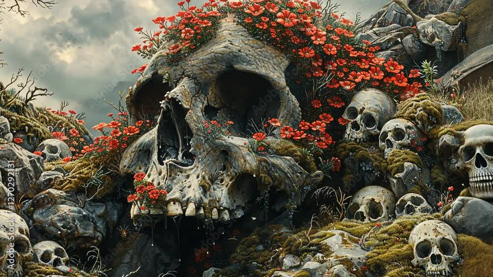 A haunting landscape featuring a large skull adorned with vibrant red flowers amidst smaller skulls