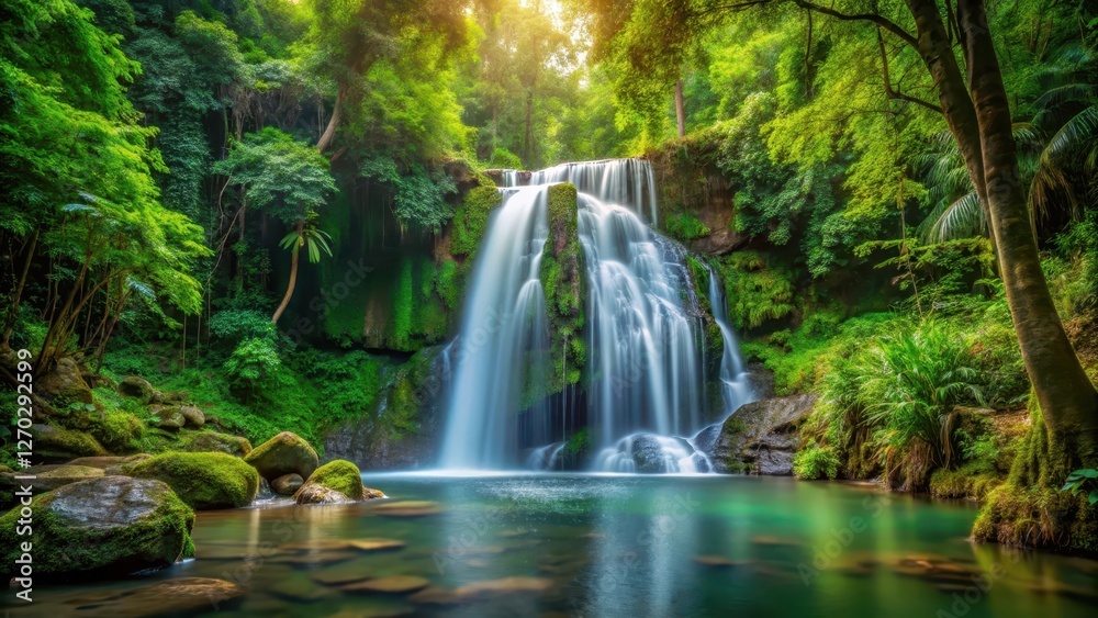 Serene waterfall cascading through dense foliage amidst a tranquil forest backdrop, peaceful, landscape, peaceful Serene waterfall cascading through dense foliage amidst a tranquil forest backdrop, peaceful, landscape, peaceful
