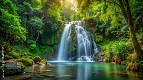 Serene waterfall cascading through dense foliage amidst a tranquil forest backdrop, peaceful, landscape,  peaceful
