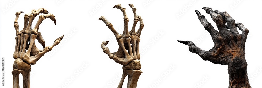 Naklejka premium Chilling Close-Up 3D Render of Monster Hands: Bony Skeleton, Decayed Zombie Claw, and Demonic Talons Isolated on White - Perfect for Halloween and Horror Themes