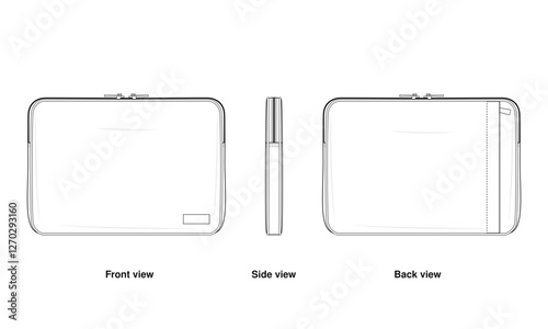 Basic laptop Sleeve Technical Fashion Illustration. Minimalist Zippered tablet Pouch Vector Template. Front, side, and back View. Back Pocket Organizer for Tech Accessories. CAD Mockup Set.