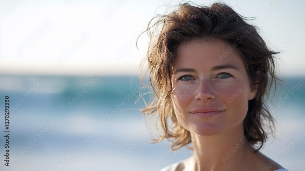 Woman in Head - and - Shoulders Portrait Enjoying Fresh Air on the Beach under Soft Natural Light with Blurred Ocean Background Woman in Head - and - Shoulders Portrait Enjoying Fresh Air on the Beach under Soft Natural Light with Blurred Ocean Background