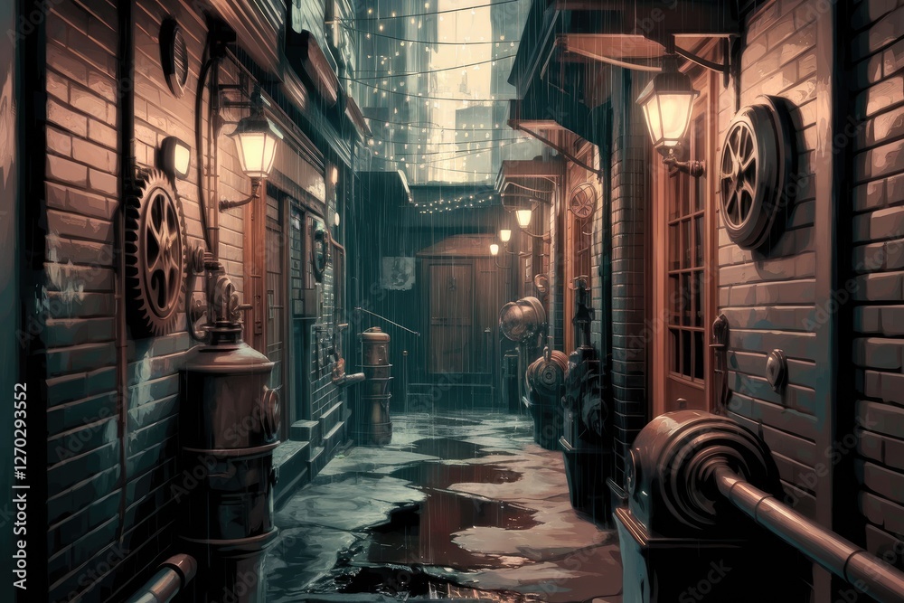 Naklejka premium Brick buildings, glowing gas lamps, detailed machinery, reflections in puddles, overhead lights, moody atmosphere
