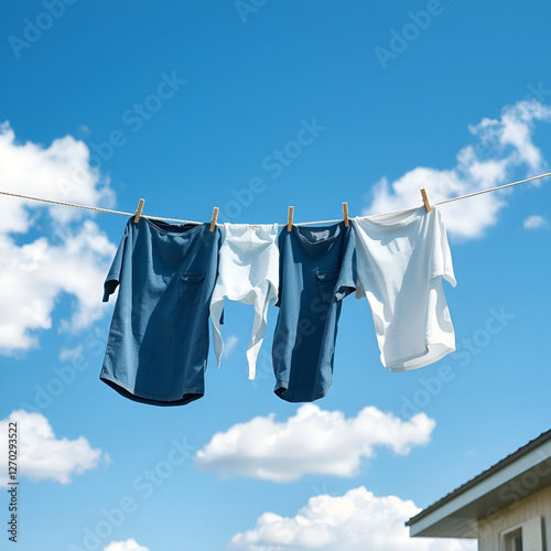 Fresh laundry hangs outside on a clothesline against a bright blue sky with fluffy white clouds on a sunny day in a serene environment. photo