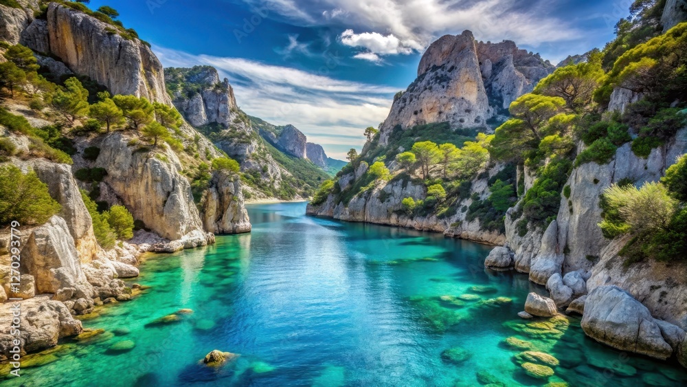 Fjord with towering rock formations and turquoise water in Calanque de Port Miou, France, calanques Fjord with towering rock formations and turquoise water in Calanque de Port Miou, France, calanques
