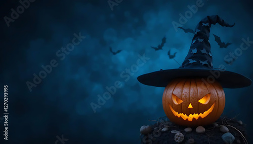 Spooky Jack-o'-lantern with Witch Hat and Bats in Night Scene