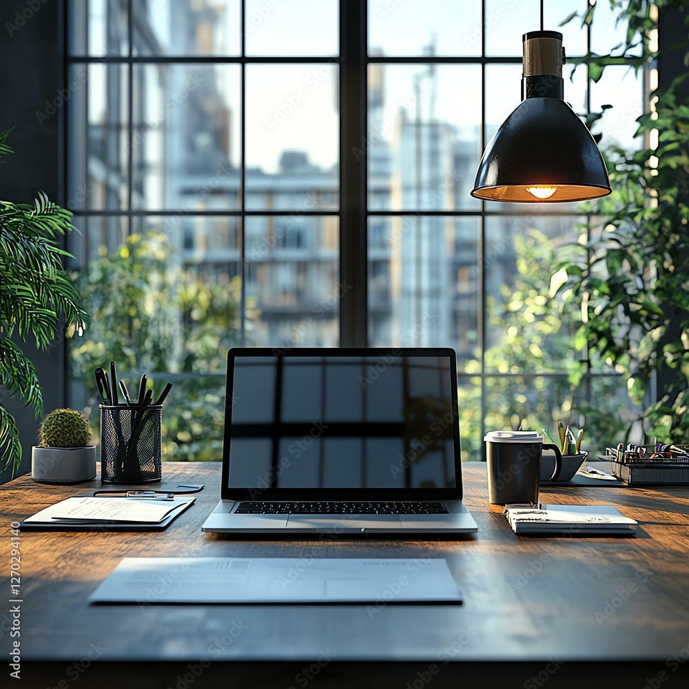 Fototapeta premium A modern workspace featuring a sleek laptop, stationery, and a coffee cup, surrounded by greenery and natural light streaming through large windows.