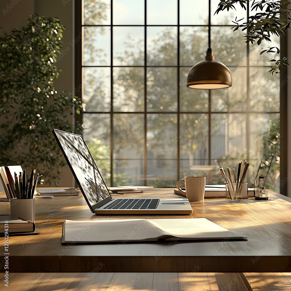 Fototapeta premium A modern workspace featuring a sleek laptop on a wooden desk, surrounded by greenery and a large window allowing natural light to flood in, creating an inspiring atmosphere.