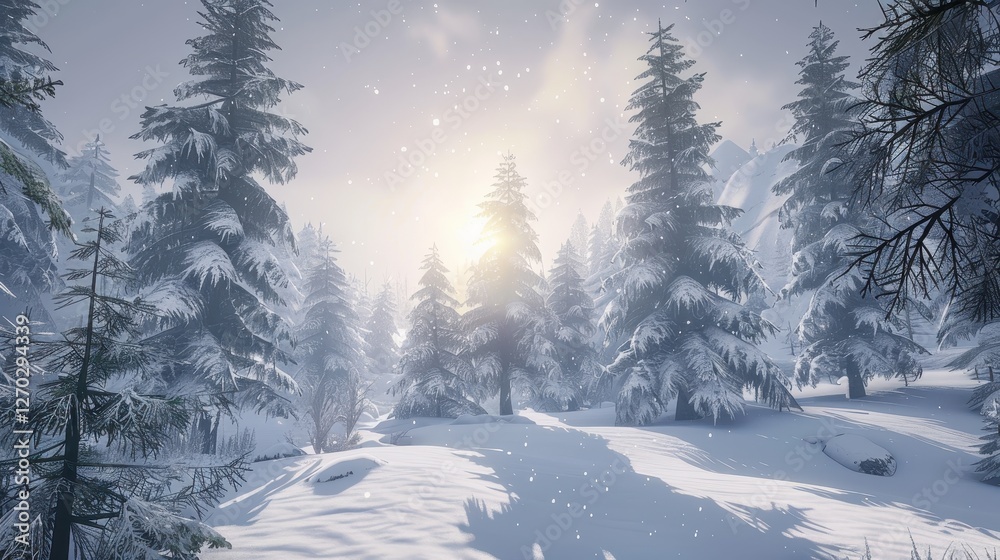 Fototapeta premium A Serene Winter Landscape Featuring Tall Snow-Covered Trees Bathed in Soft Golden Light Amidst Falling Snowflakes Under a Clear Sky
