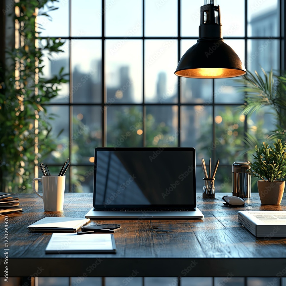 Fototapeta premium A modern workspace featuring a sleek laptop, stationery, and green plants. Bright natural light floods through large windows, creating an inspiring atmosphere for productivity.