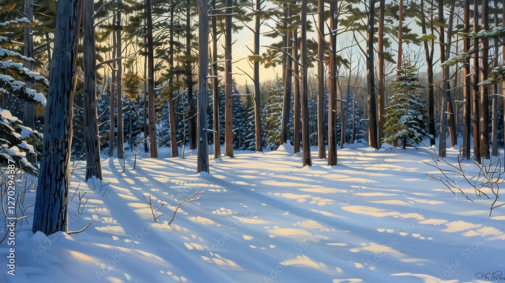 Serene Winter Landscape with Pine Trees, Snow-Covered Ground, Gentle Sunlight, and Long Shadows Creating a Tranquil Atmosphere in a Forest Setting Serene Winter Landscape with Pine Trees, Snow-Covered Ground, Gentle Sunlight, and Long Shadows Creating a Tranquil Atmosphere in a Forest Setting