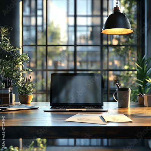 A modern workspace featuring a sleek laptop on a wooden desk, surrounded by houseplants and a coffee cup, illuminated by a stylish pendant light, promoting productivity and creativ