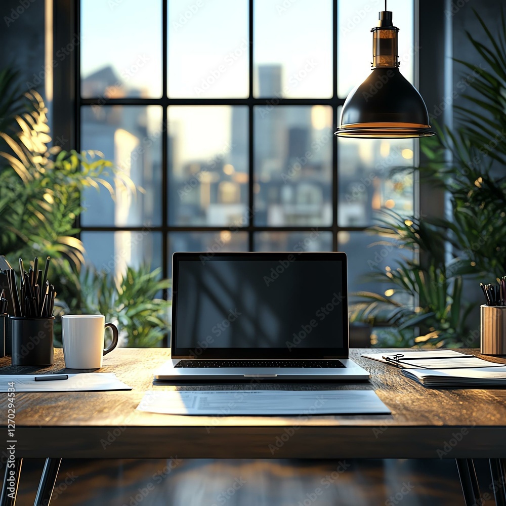 Fototapeta premium A modern workspace with a laptop, coffee cup, and plants, illuminated by natural light from a large window