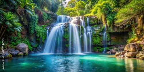 waterfall cascade down into pool , serene environment