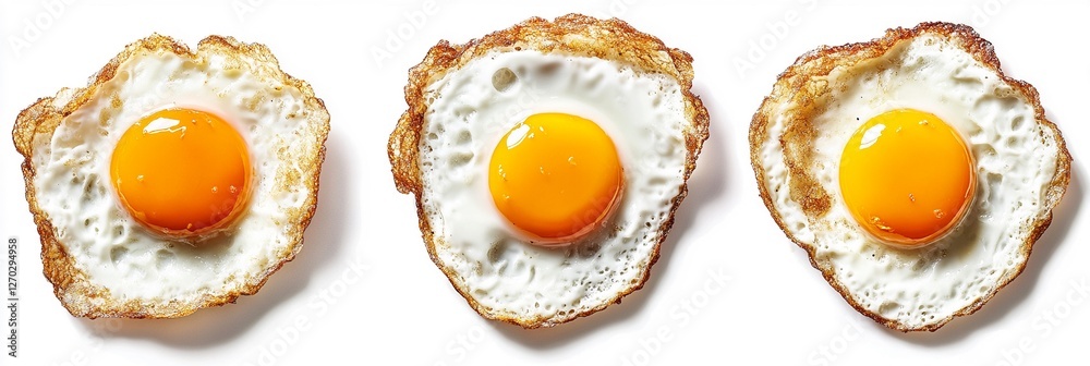 Captivating Professional Food Photography of Three Distinct Fried Eggs: Bubbly, Smooth, and Rustic Textures Perfectly Isolated on White for High-Quality Advertising and Marketing Use. Captivating Professional Food Photography of Three Distinct Fried Eggs: Bubbly, Smooth, and Rustic Textures Perfectly Isolated on White for High-Quality Advertising and Marketing Use.