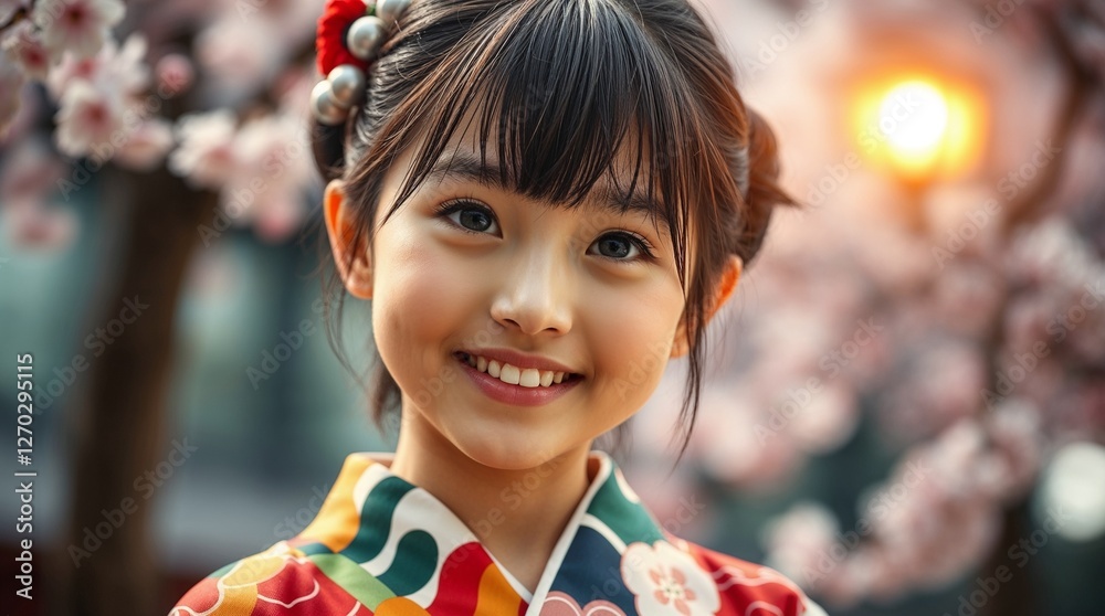 joyful young Japanese girl in colorful yukata, delicate features, rosy cheeks, sparkling eyes joyful young Japanese girl in colorful yukata, delicate features, rosy cheeks, sparkling eyes