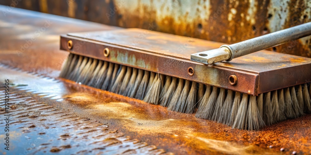 Rusty metal sheet with wire brush scraping away dirt and grime, equipment maintenance, metal Rusty metal sheet with wire brush scraping away dirt and grime, equipment maintenance, metal