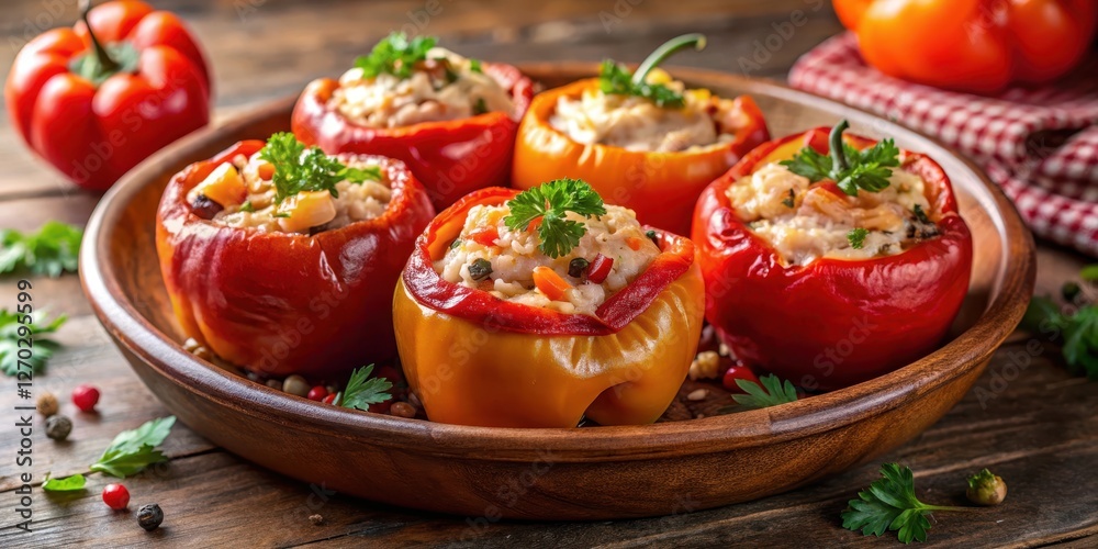 Aromatic rocoto peppers stuffed with a flavorful mixture of ham, chicken, and spices, then roasted to perfection in a traditional Peruvian oven , peruvian cuisine, south american food Aromatic rocoto peppers stuffed with a flavorful mixture of ham, chicken, and spices, then roasted to perfection in a traditional Peruvian oven , peruvian cuisine, south american food