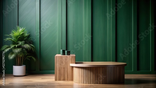 High-end wooden podium against elegant dark green wall background for cosmetics brand products display , productdisplay, darkgreen photo