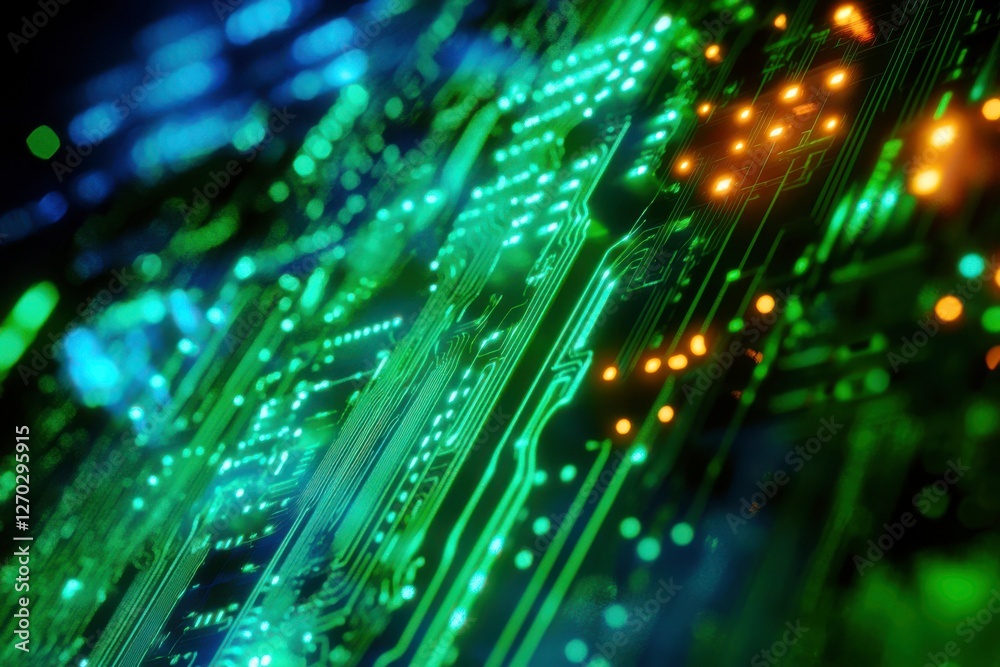 Abstract close-up image of a colorful circuit board with glowing lights and intricate patterns representing technology and innovation in digital media Abstract close-up image of a colorful circuit board with glowing lights and intricate patterns representing technology and innovation in digital media
