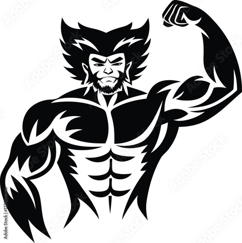 Muscular anthropomorphic wolverine with a fierce expression silhouette and line art vector illustration, Modern and premium quality muscular anthropomorphic wolverine with a fierce expression vector