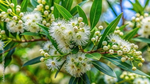 Syzygium cumini tree with small white flowers on branches , leafy branch photo